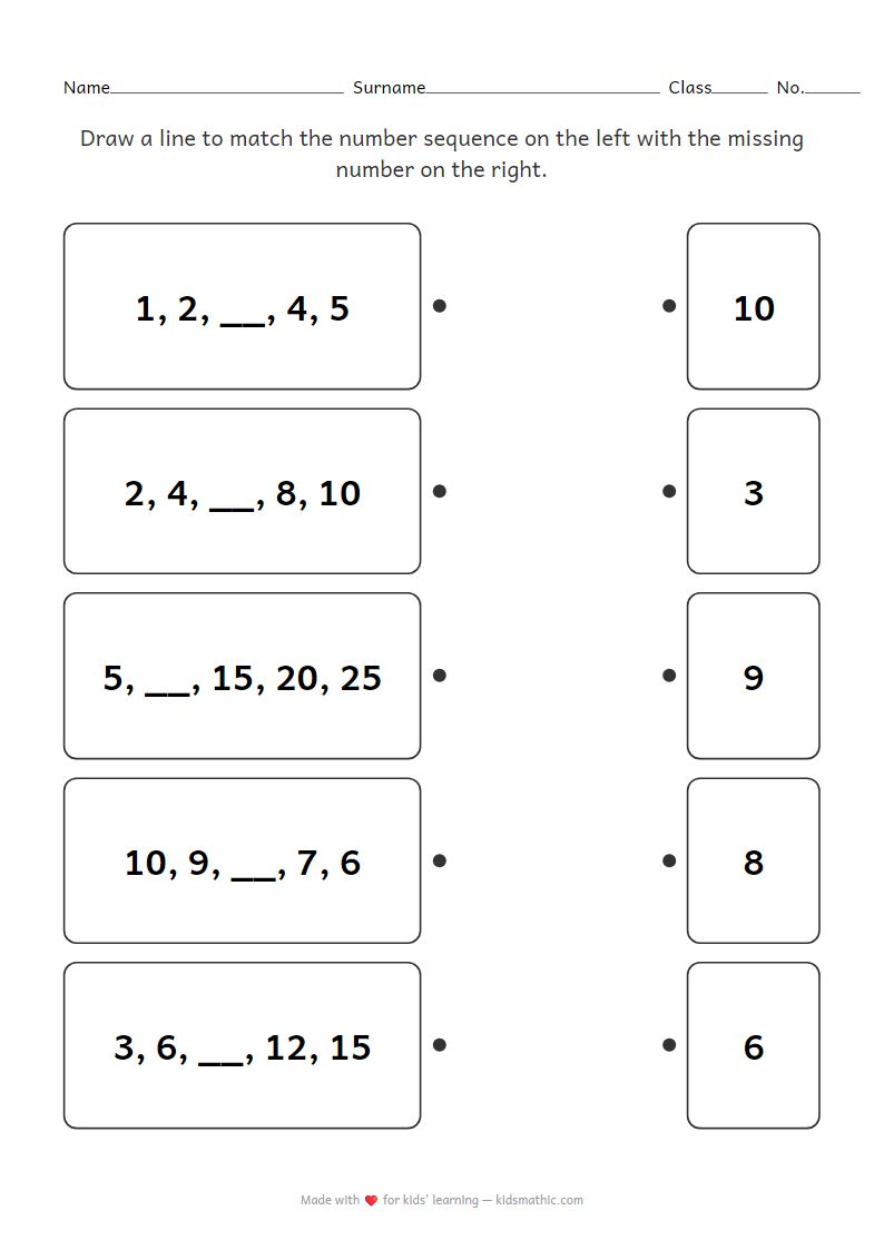 Preschool Missing Number Sequence and Pattern Matching Worksheet