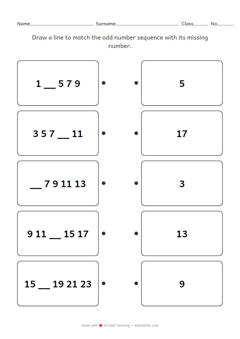 Missing Odd Number Sequence Matching Worksheet for Kindergarten