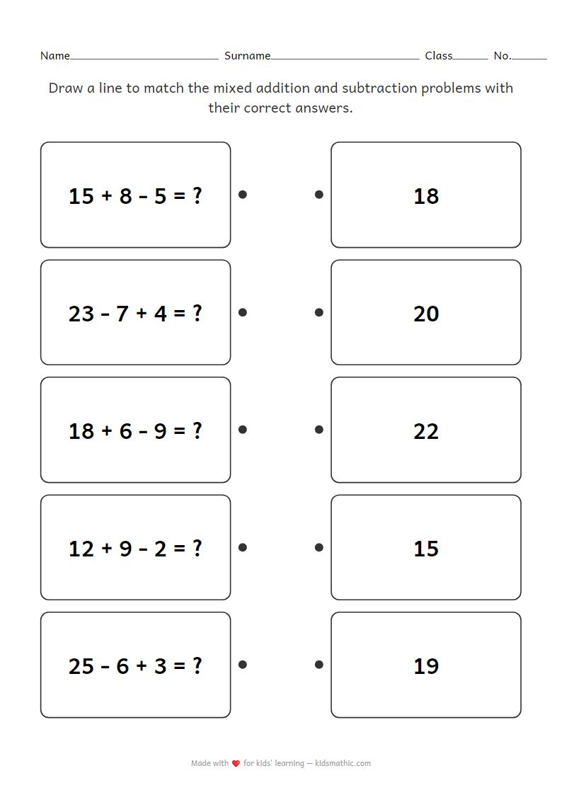 Matching Worksheet: 2-Digit Mixed Addition & Subtraction for P1 Kids