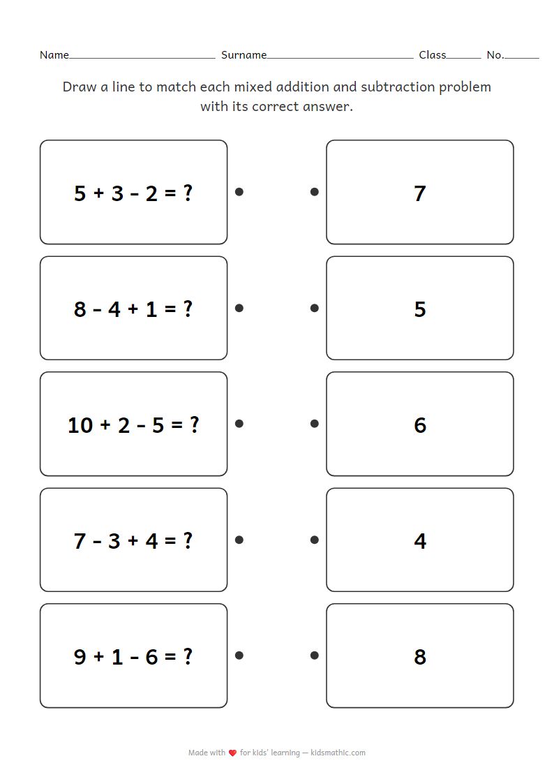 Kindergarten Math Worksheet: Simple Mixed Addition Subtraction Matching
