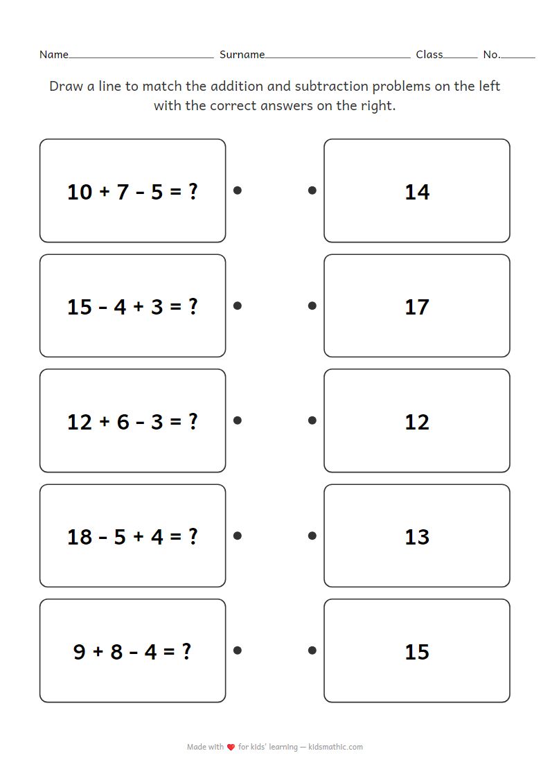 Matching Worksheet: Mixed Addition Subtraction for Grade 1