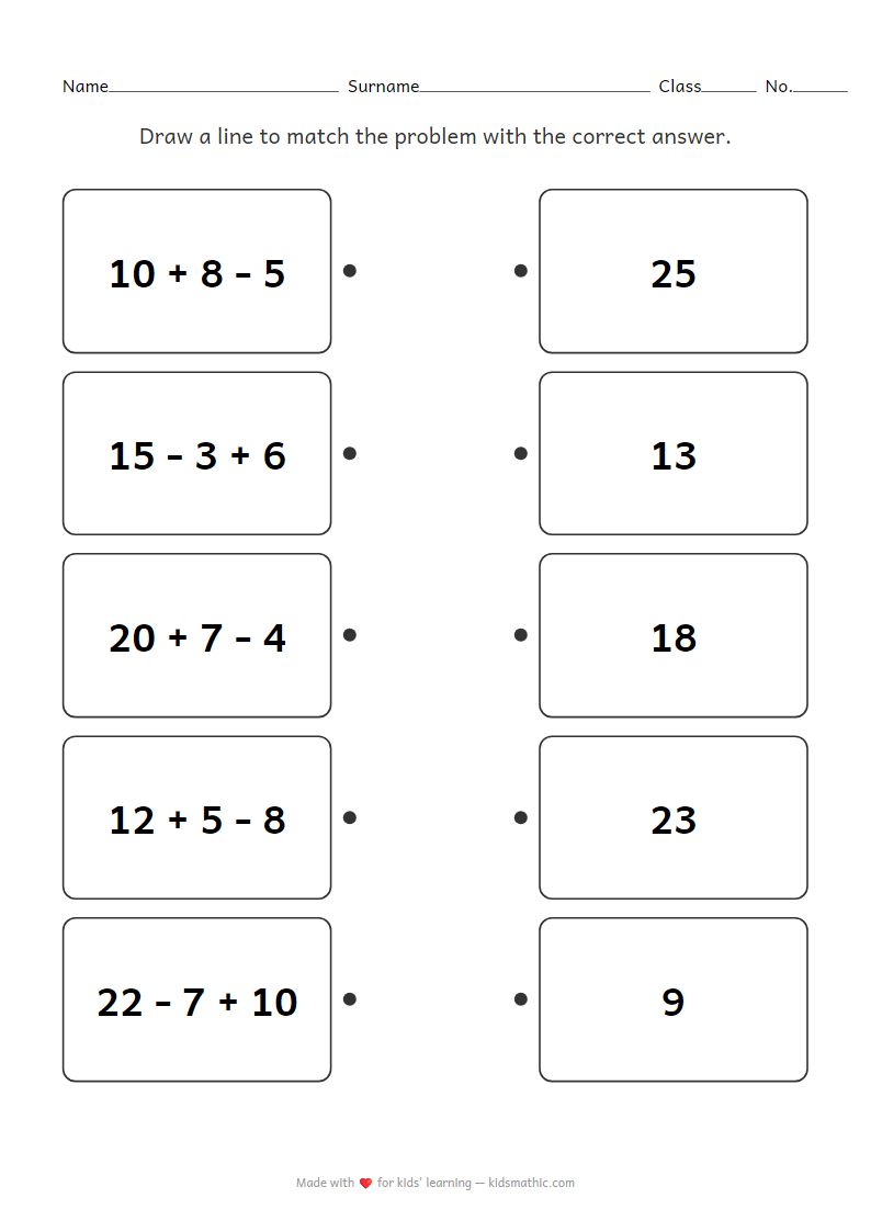 Mixed Addition and Subtraction Matching Worksheet for Grade 1