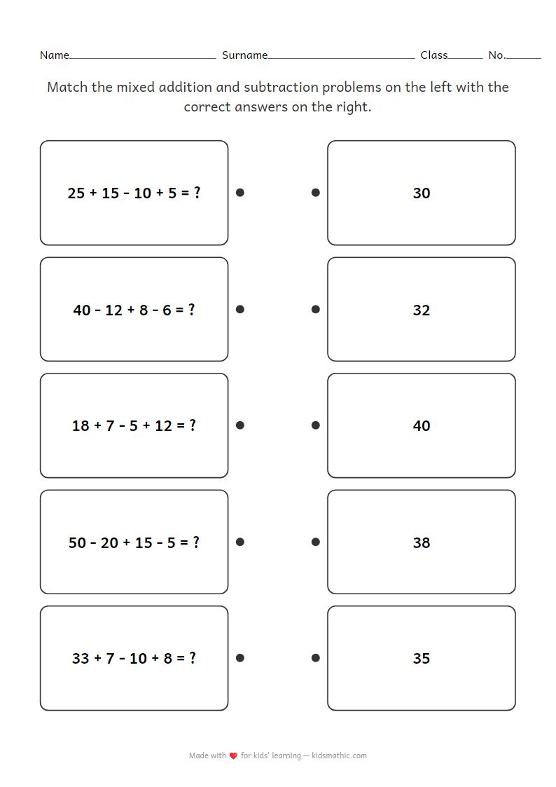 Mixed Addition and Subtraction 4-Number Problem Matching Worksheet for Grade 2