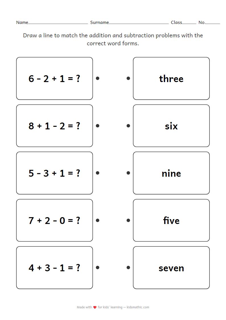 Matching Mixed Math Problems (0-10) with Number Words Worksheet for Kindergarten