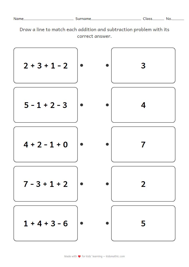 Mixed Addition and Subtraction Matching Worksheet for Kindergarten