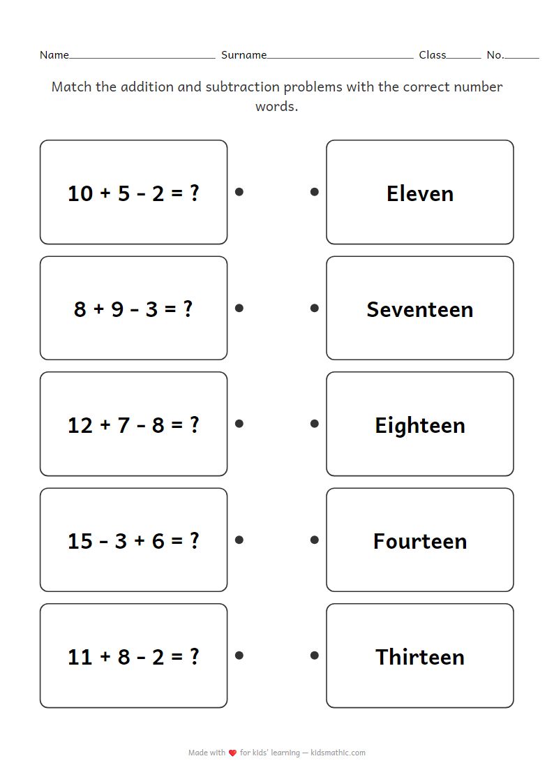 Addition and Subtraction Math Word Matching Worksheet for Grade 1