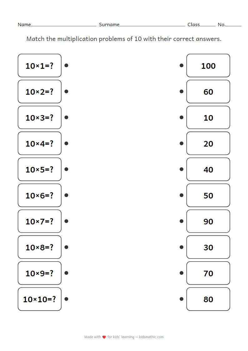 Multiplication Table of 10 Matching Worksheet for Grade 2