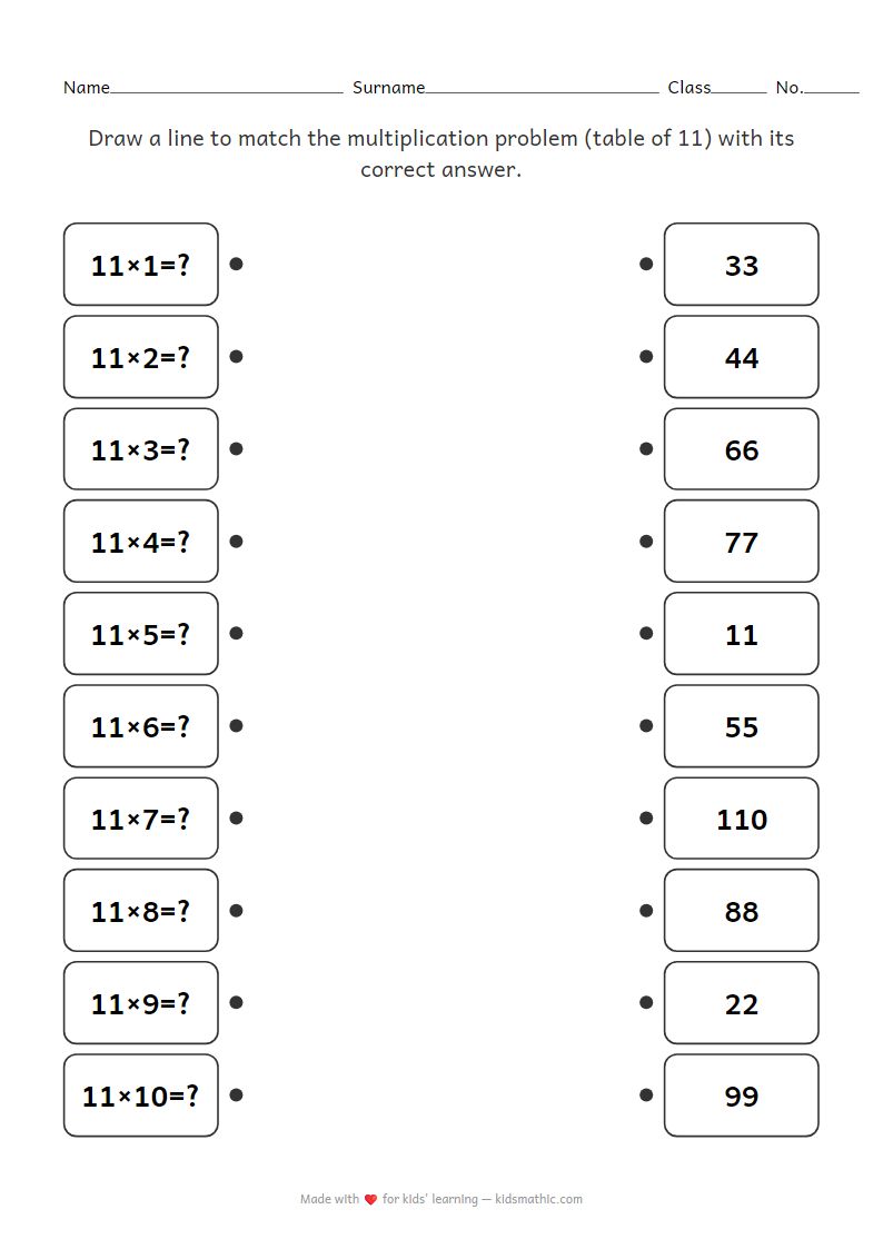 Multiplication Table 11 Matching Worksheet Early Math for Preschool Kids