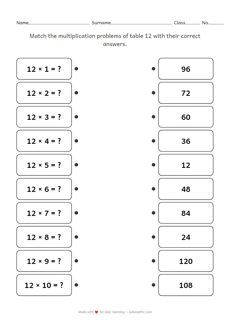 Multiplication Table of 12 Matching Worksheet for Kindergarten
