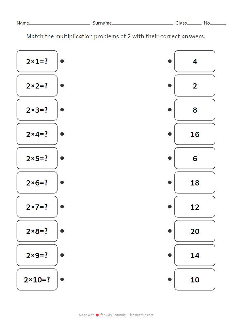 Multiplication Table of 2 Matching Worksheet for Grade 2