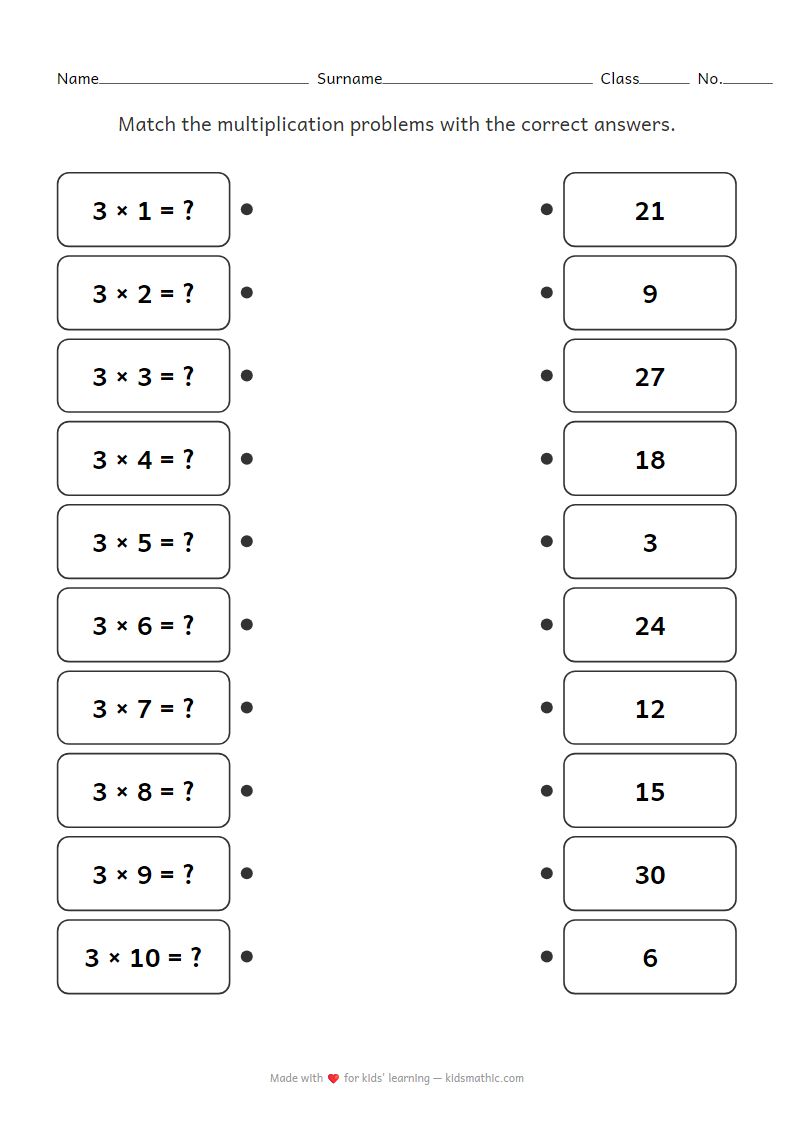 Multiplication Table of 3 Matching Worksheet for Grade 2