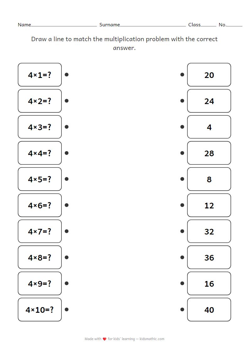Multiplication Table of 4 Matching Worksheet for Grade 2 Kids