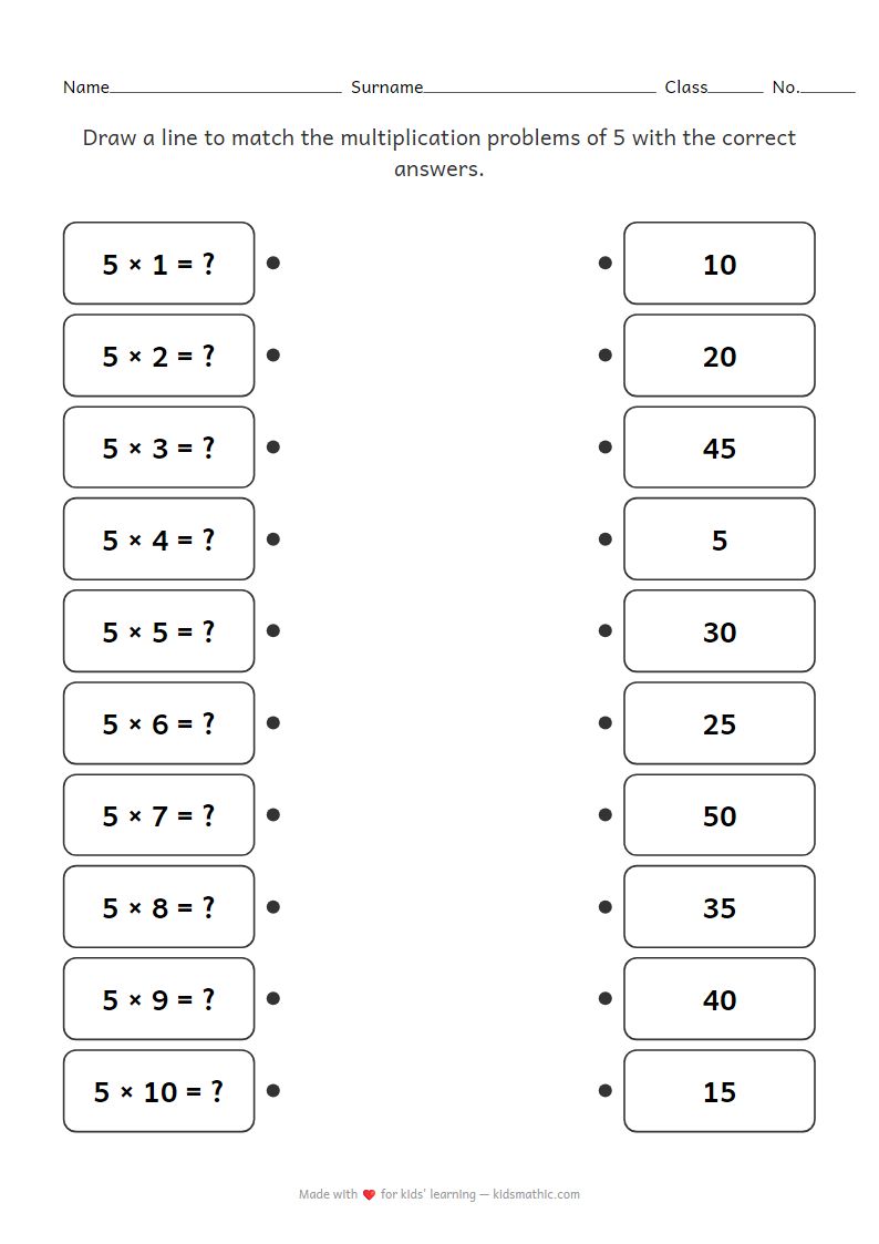 Math Worksheet: Matching Multiplication Table of 5 for Grade 2