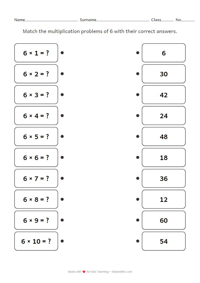 Multiplication Table of 6 Matching Worksheet for Kindergarten