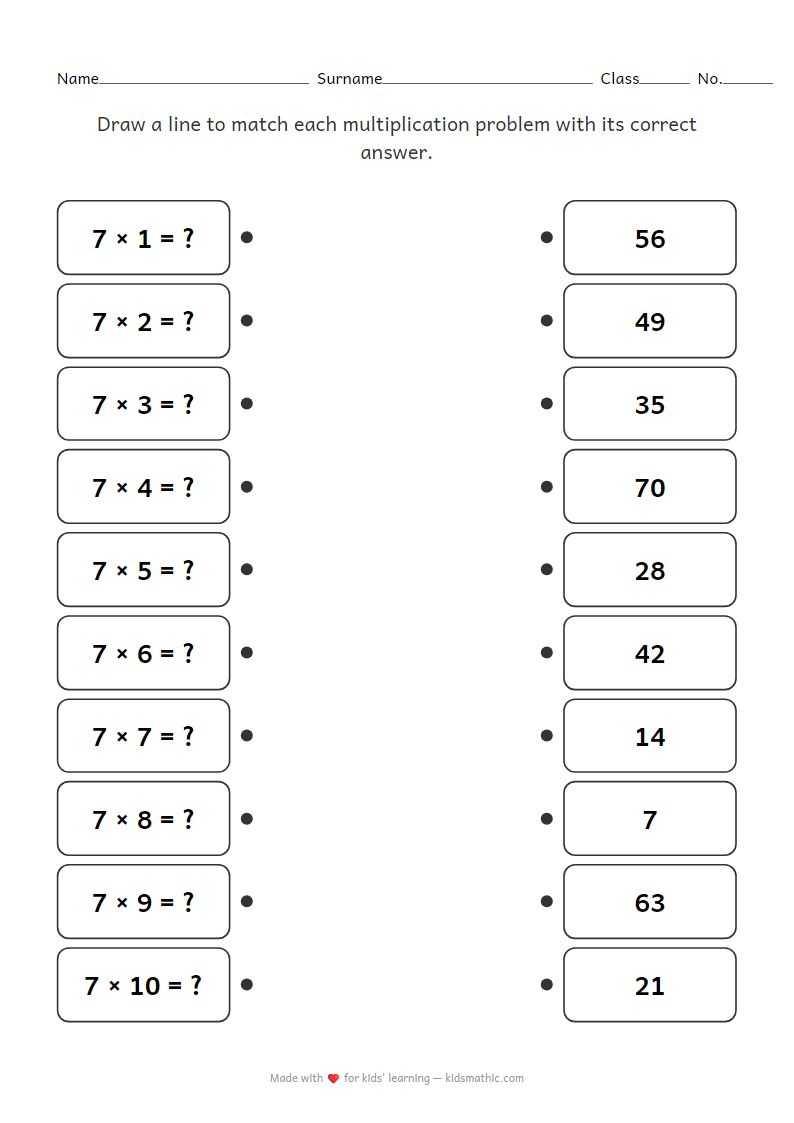 Multiplication Table of 7 Matching Worksheet for Kindergarten