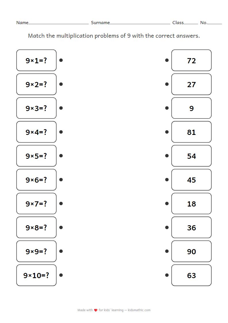 Multiplication Table of 9 Matching Worksheet for Kindergarten