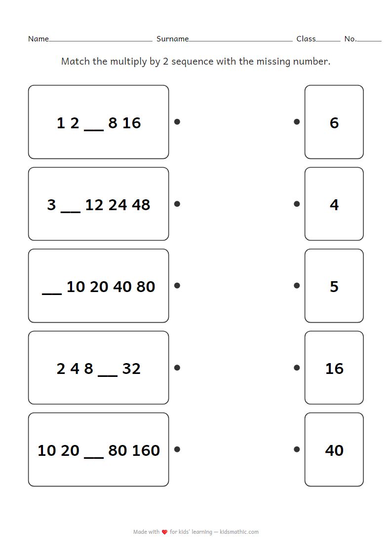 Grade 2 Multiply by 2 Sequence Matching Worksheet: Find the Missing Number