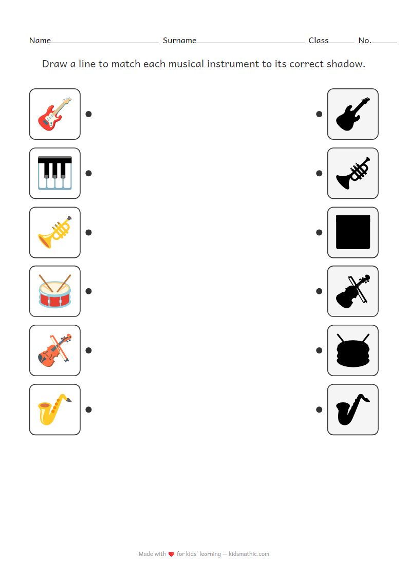 Musical Instrument Shadow Matching Worksheet | Visual Discrimination for Preschoolers