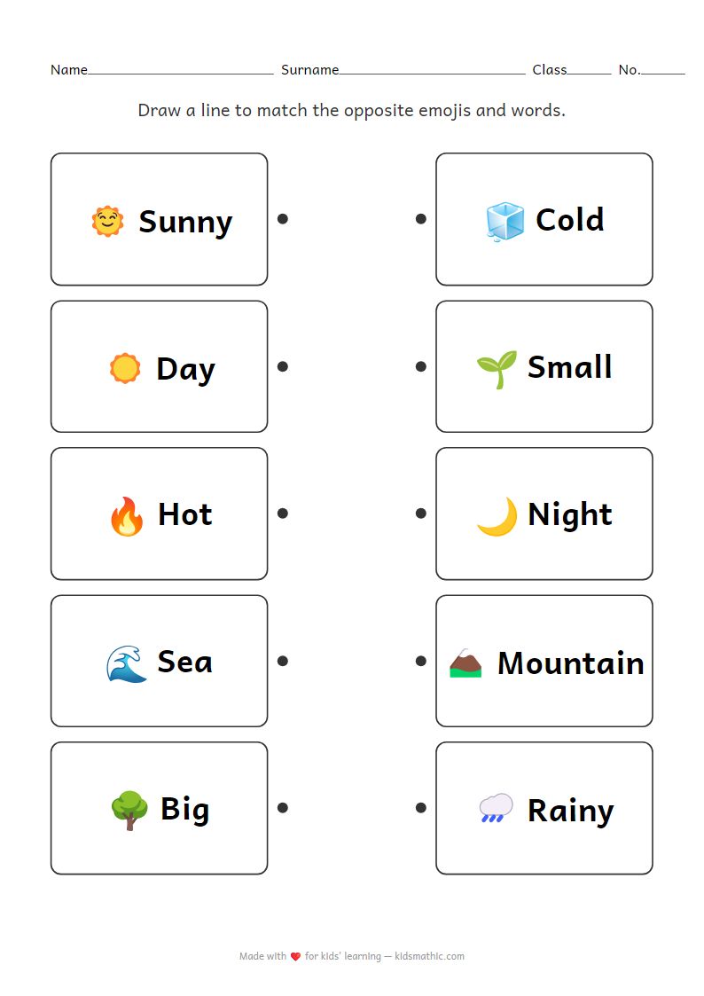 Nature Opposites Matching Worksheet for Preschoolers