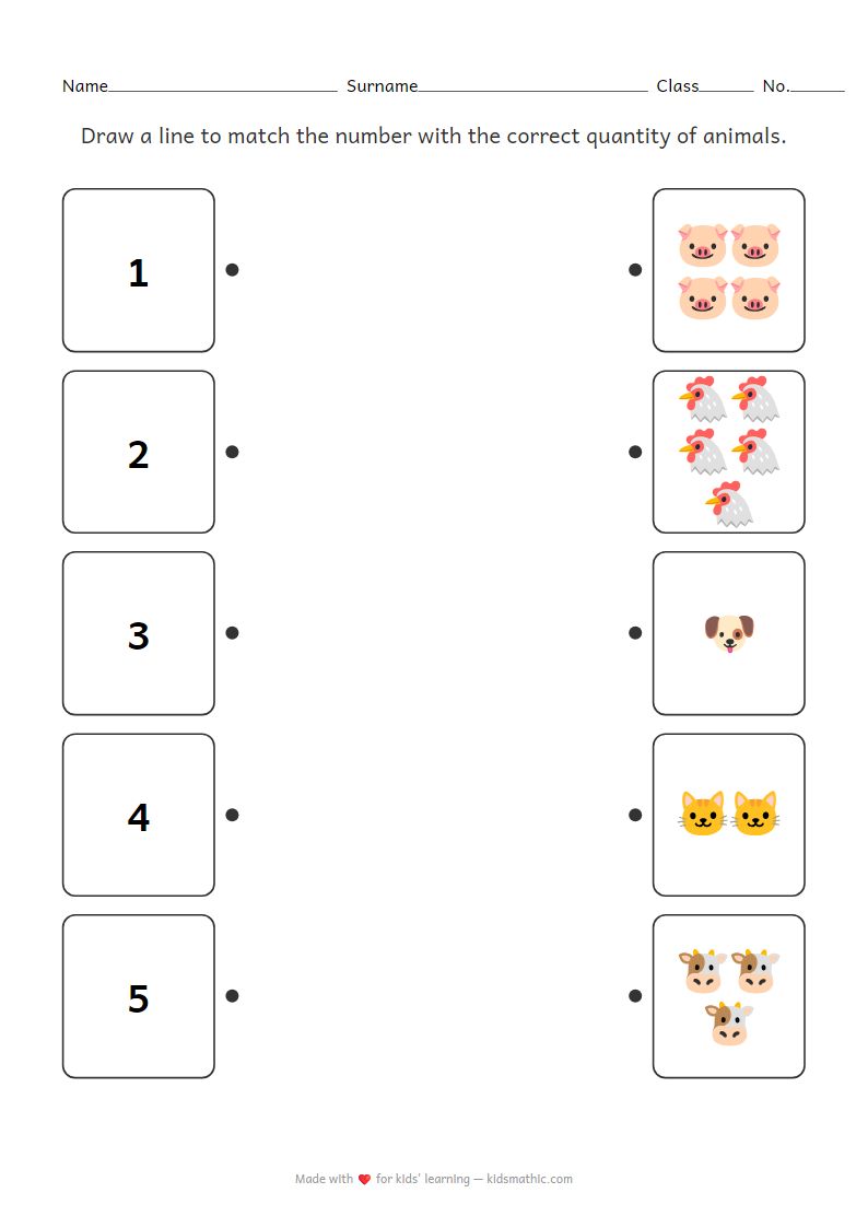 Kindergarten Number to Animal Quantity Matching Worksheet