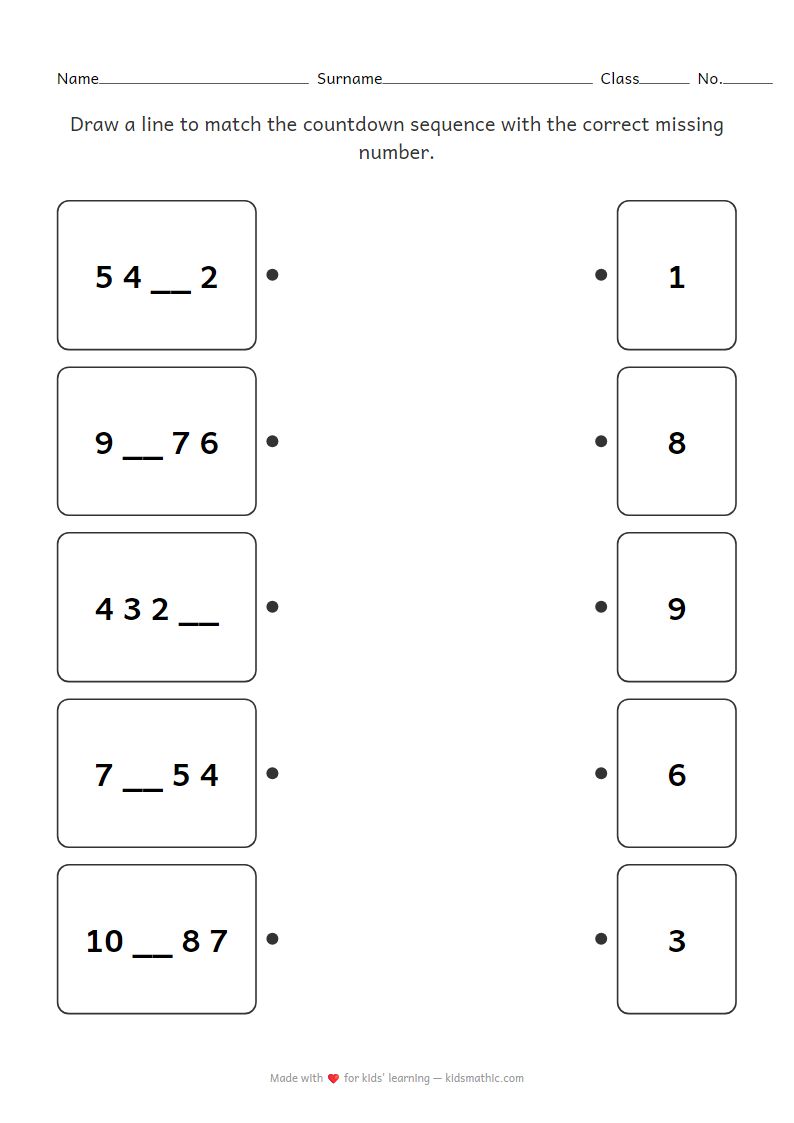 Number Countdown Sequence Matching Worksheet for Preschoolers