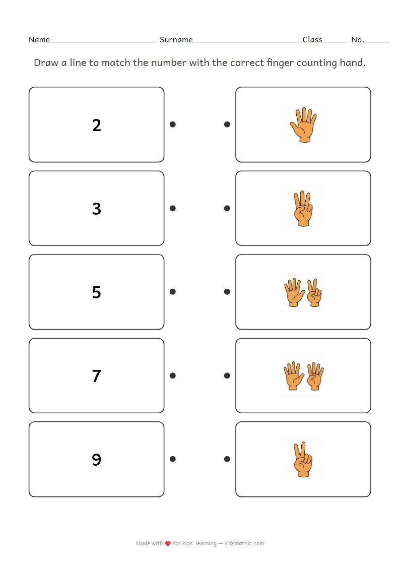 Number to Finger Counting Matching Worksheet for Preschoolers