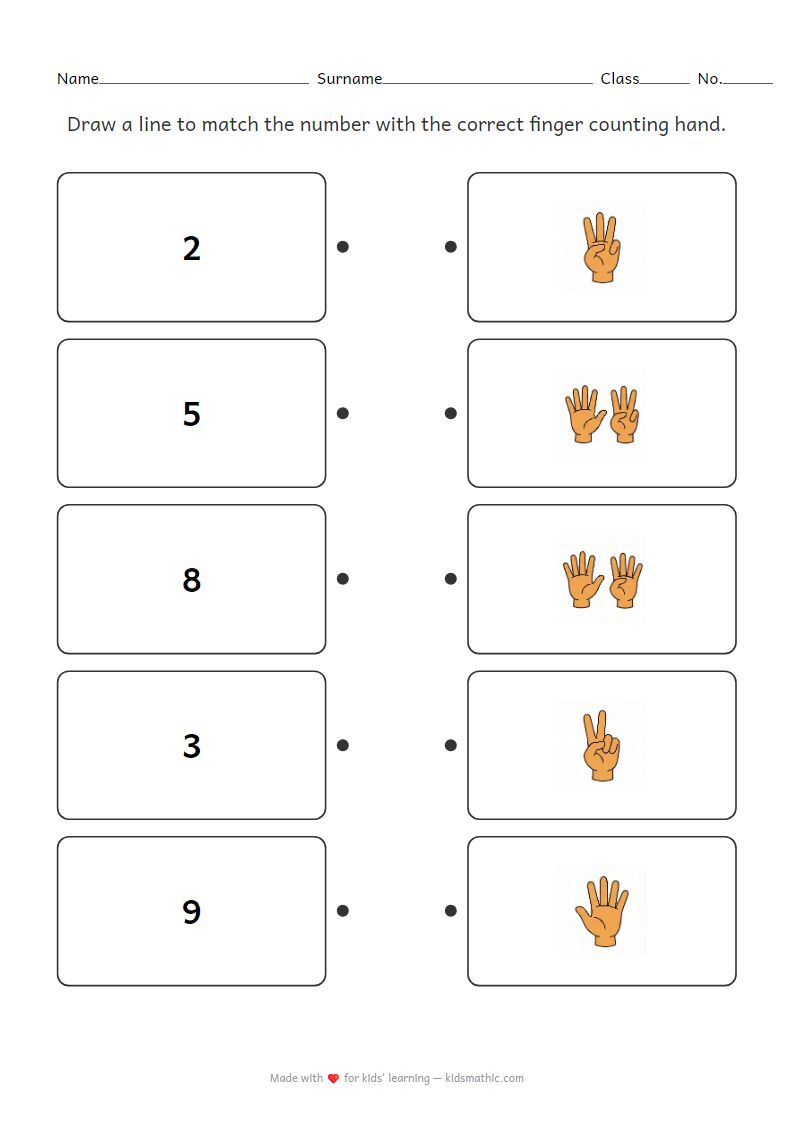 Number to Finger Counting Matching Worksheet for Preschoolers