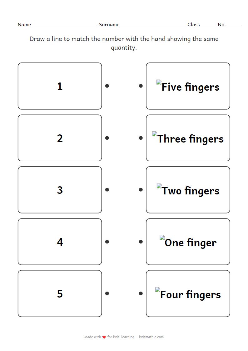 Kindergarten Number 1-5 Hand Counting Matching Worksheet
