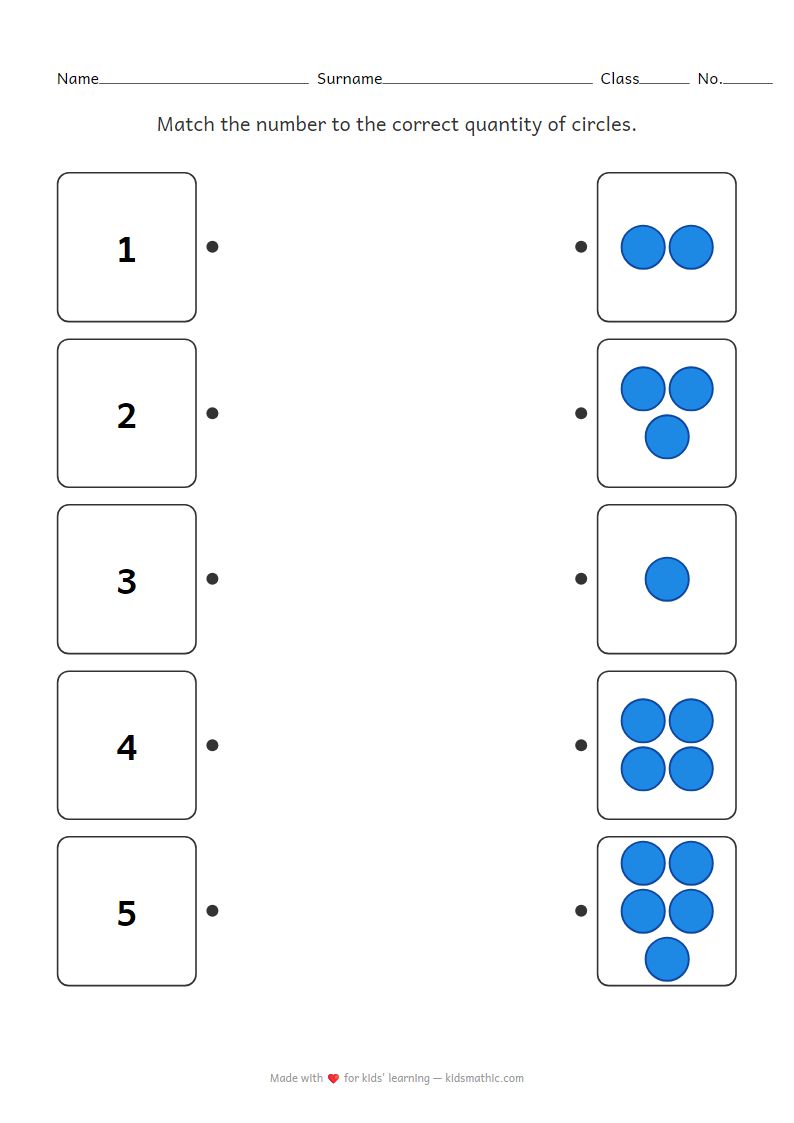 Number to Quantity Matching Worksheet 1-5 for Preschoolers