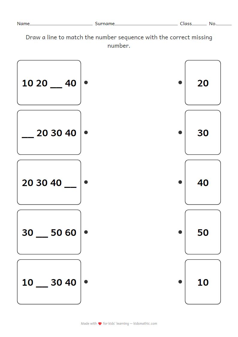 Number Sequence Matching Worksheet: Counting by 10s for Preschoolers