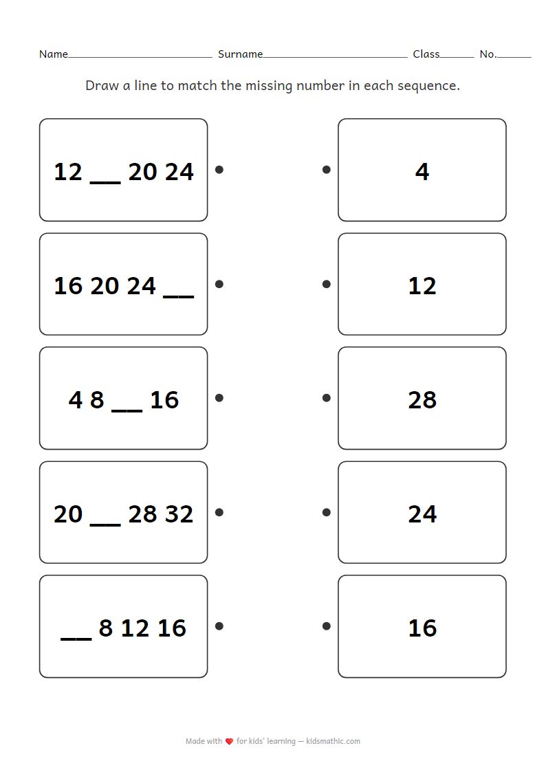 Counting by 4s Number Sequence Matching Worksheet for Kindergarten & Grade 1