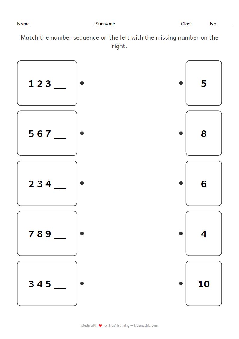 Missing Number Sequence Matching Worksheet for Preschoolers