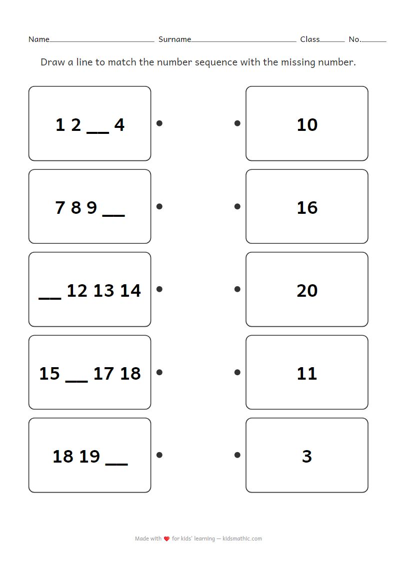 Missing Number Sequence Matching Worksheet for Preschoolers