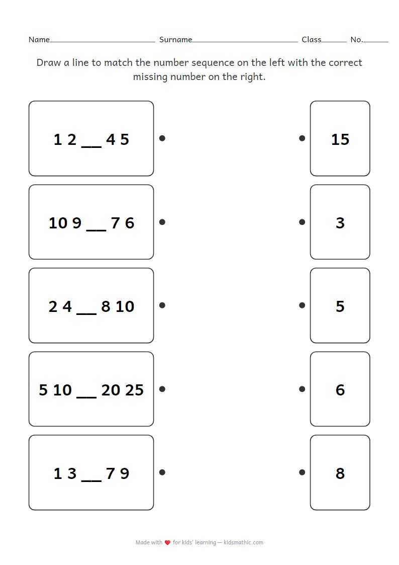 Missing Number Sequence Matching Worksheet for Preschoolers