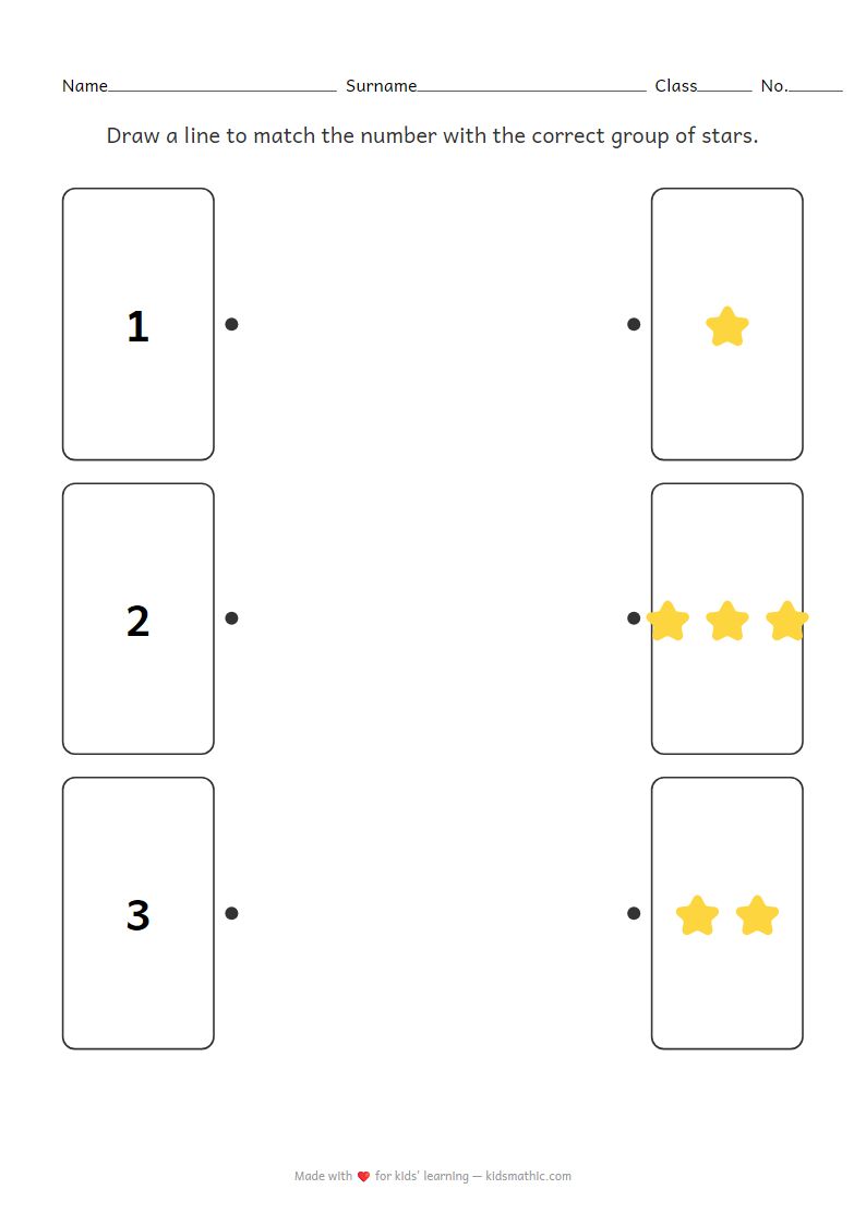 Kindergarten Math Worksheet: Match Numbers 1-3 with Stars