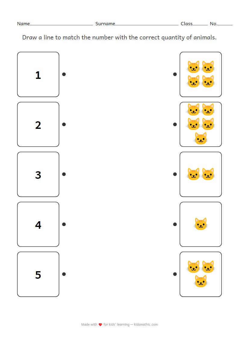 Number to Animal Count Matching Worksheet for Preschoolers