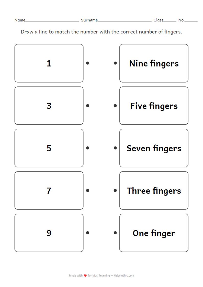 Number to Finger Count Matching Worksheet for Preschoolers