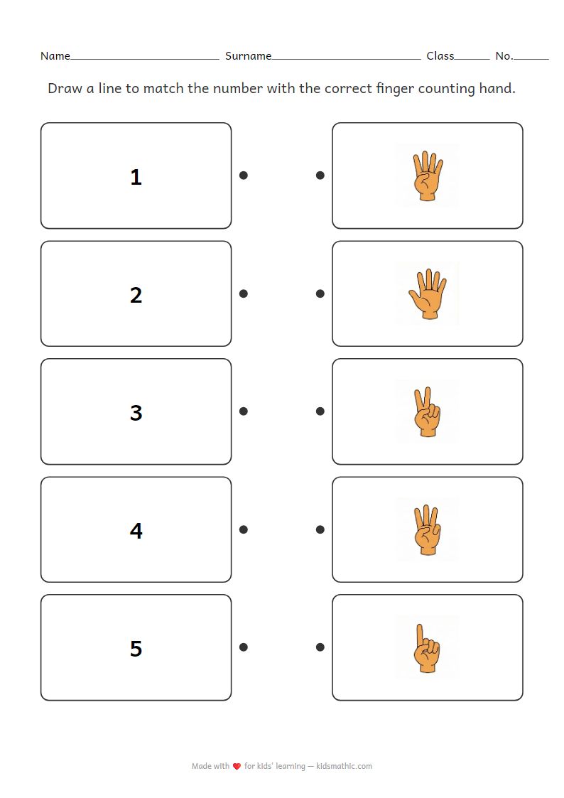 Number to Finger Counting Matching Worksheet for Preschoolers