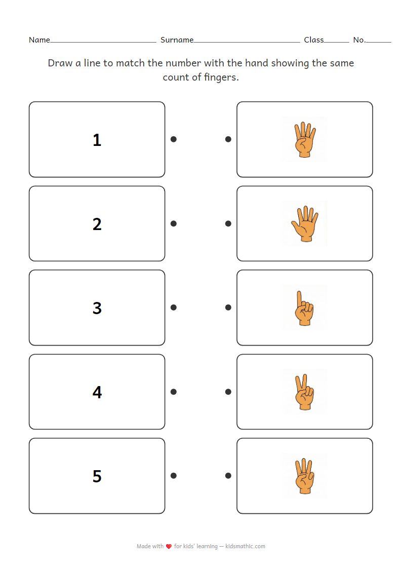 Number to Finger Counting Matching Worksheet for Preschoolers