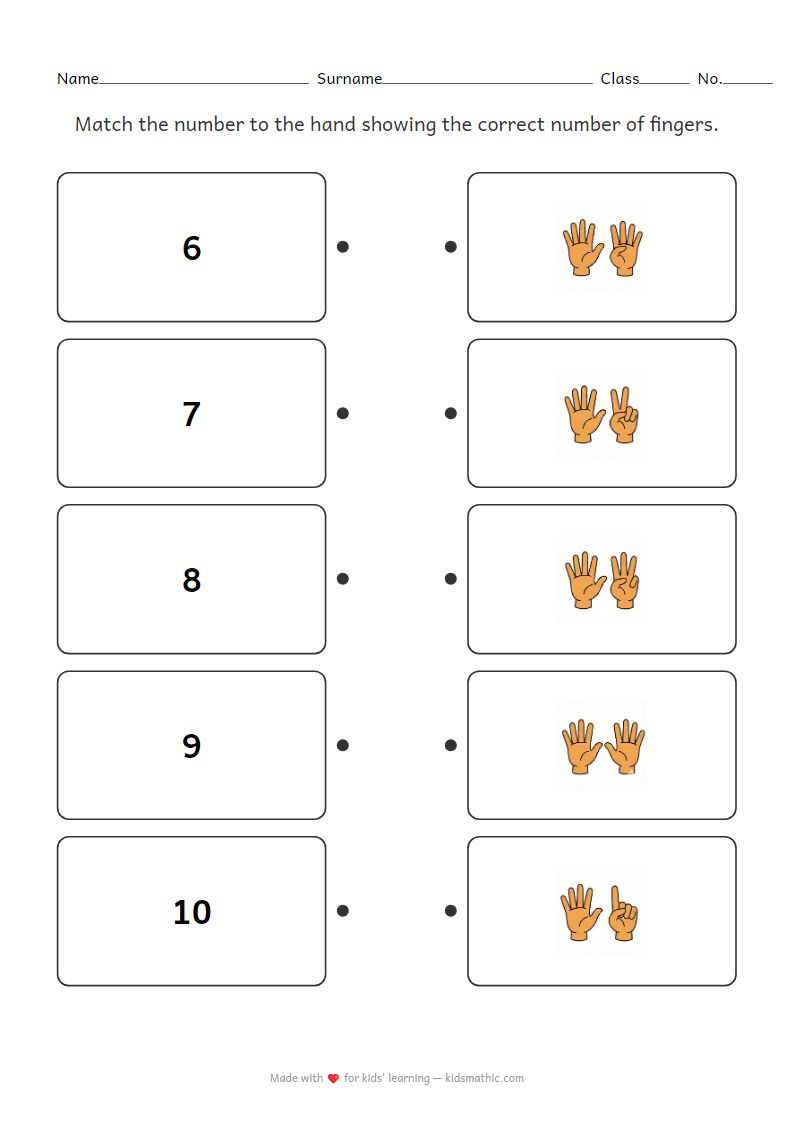 Kindergarten Number to Finger Matching Worksheet