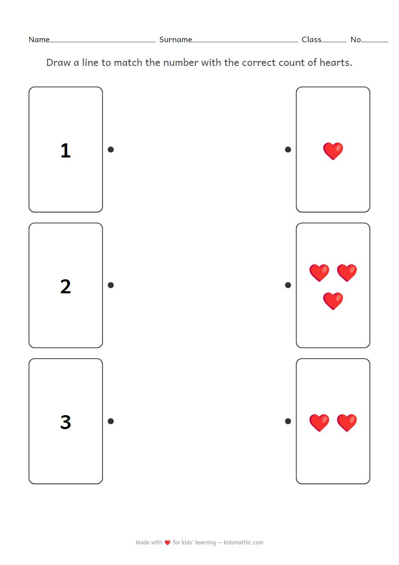 Number 1-3 to Heart Count Matching Worksheet for Preschoolers