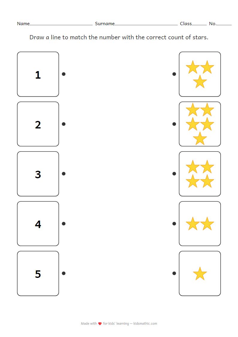 Kindergarten Worksheet: Match Numbers to Star Count
