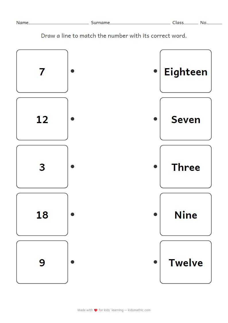 Number to Word Matching Worksheet 1-20 for Kindergarten