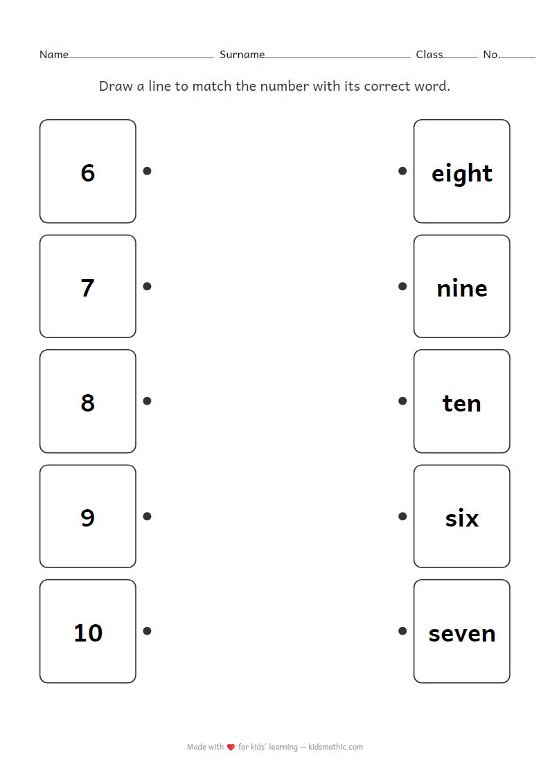 Number Word Matching Worksheet 6-10 for Preschoolers