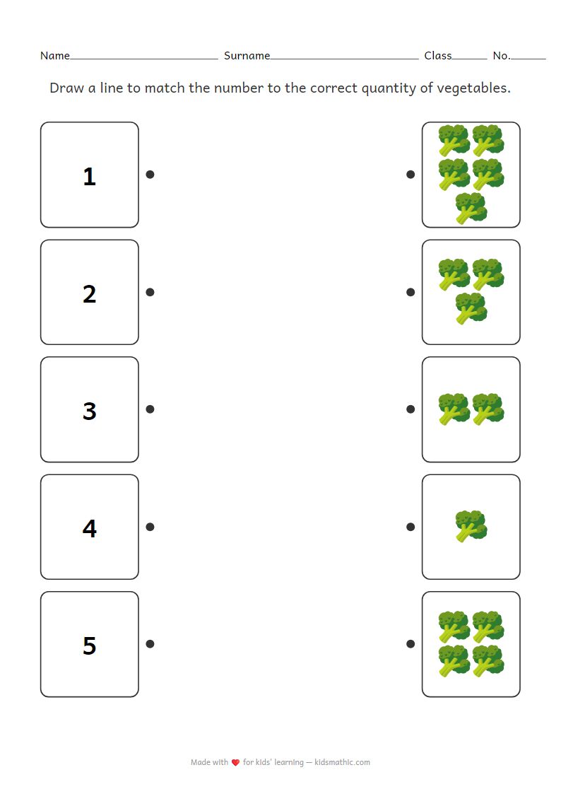 Preschool Matching Worksheet: Numbers 1-5 to Vegetable Counts