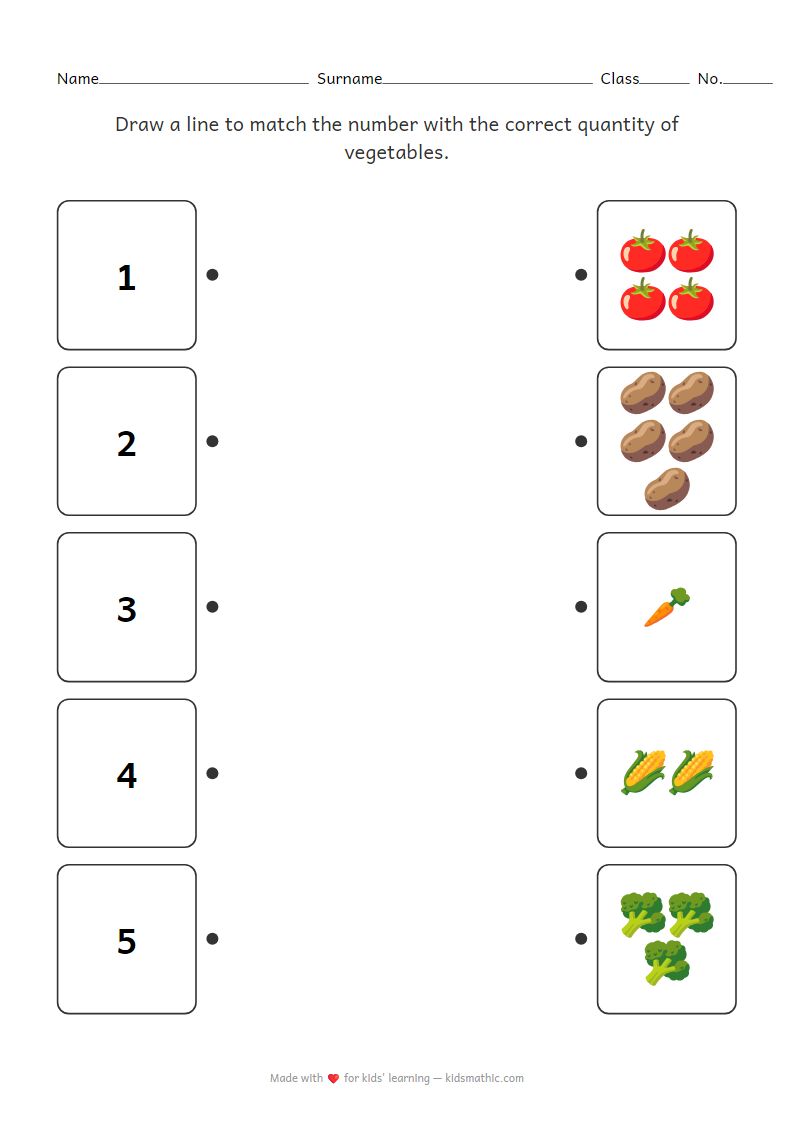 Number and Vegetable Quantity Matching Worksheet for Preschoolers