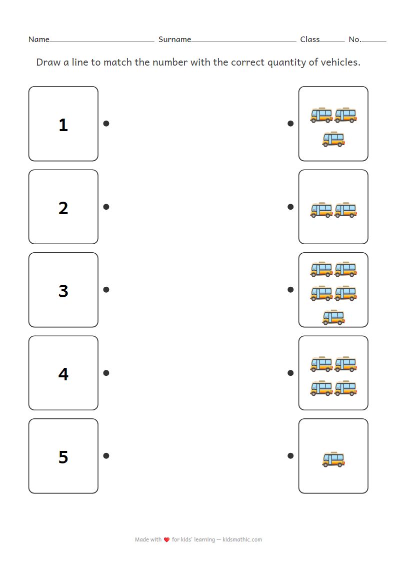 Number 1-5 and Vehicle Quantity Matching Worksheet for Preschool