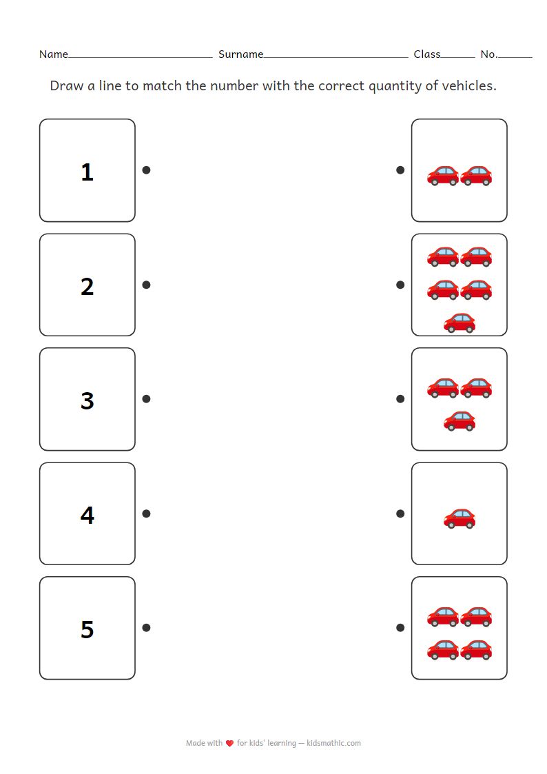 Number to Vehicle Quantity Matching Worksheet for Preschoolers