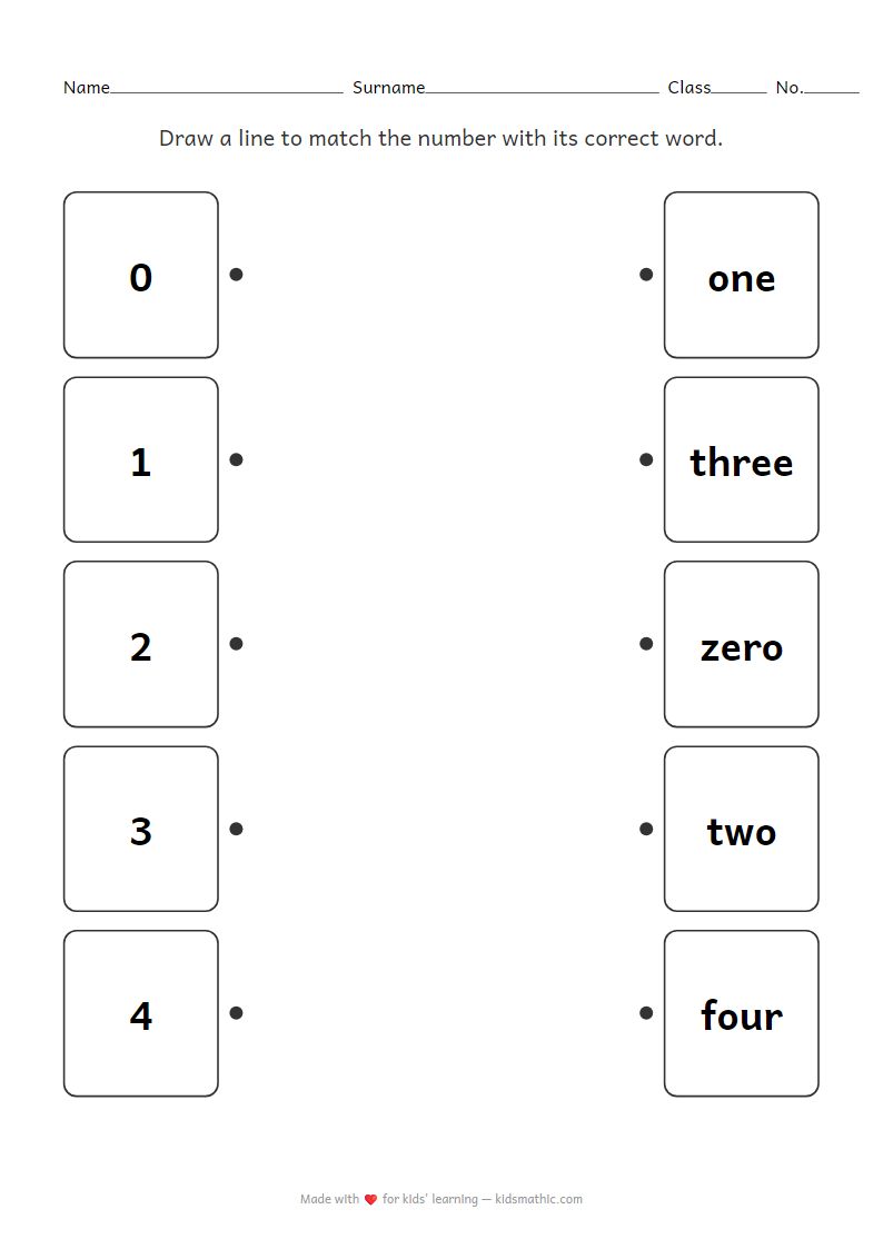 Number 0-4 to Word Matching Worksheet for Preschoolers