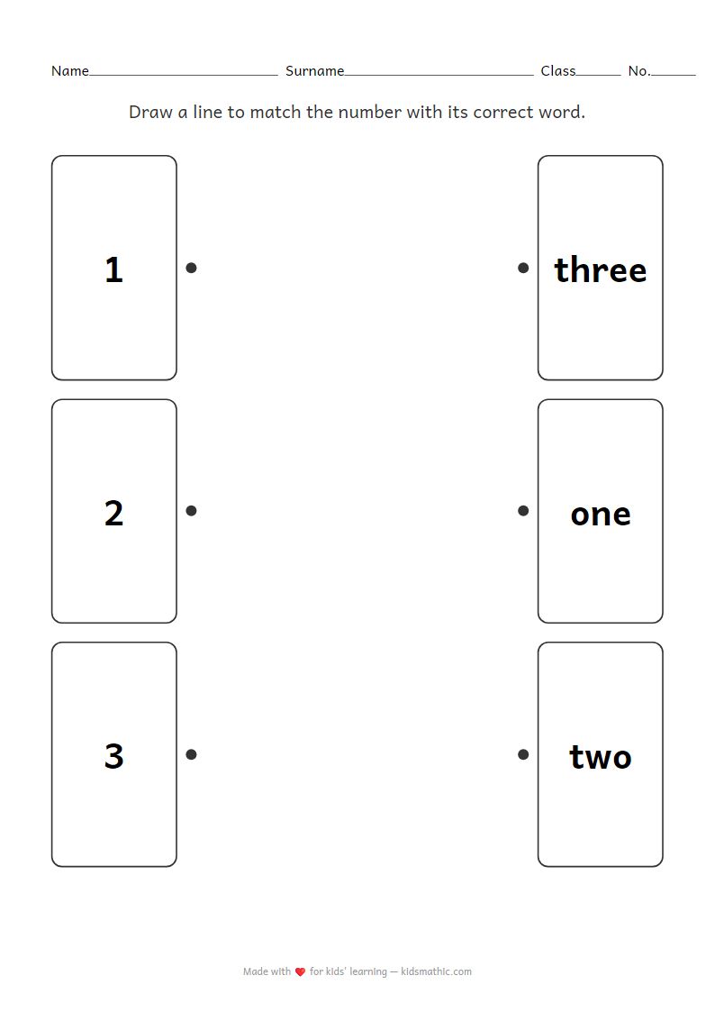 Number Matching Worksheet 1-3 for Preschool Kids